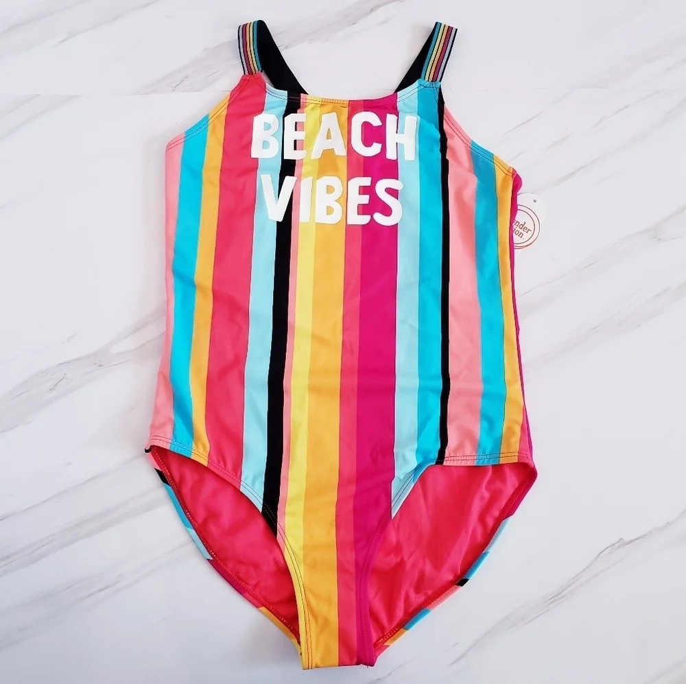 Wonder Nation Kids One Piece Bathing-Suit Striped Multicolored Rainbow Swimsuit